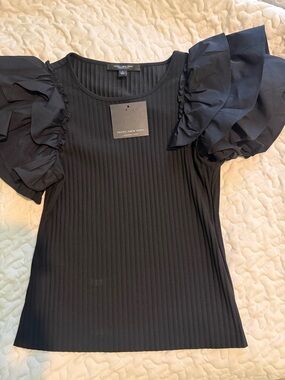 Marc New York Black Ribbed Top with Statement Ruffled Sleeves
